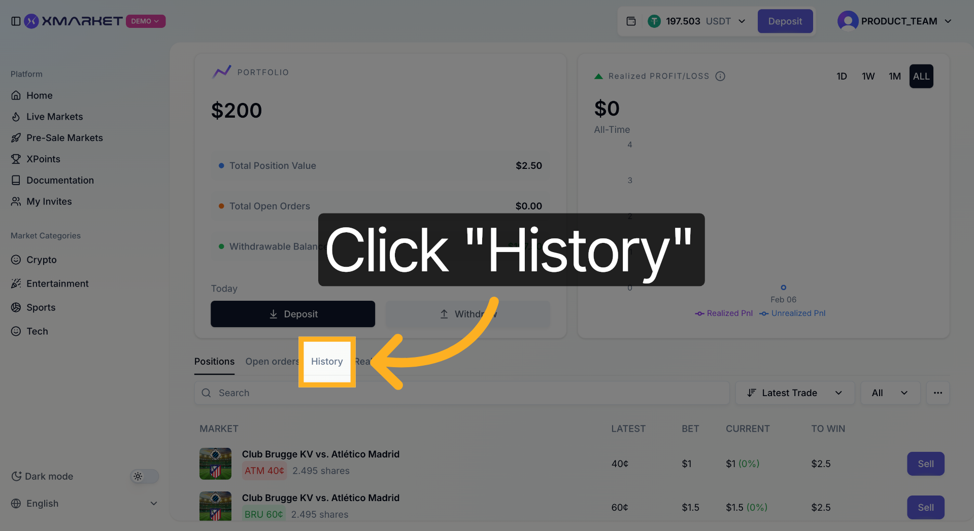 History tab showing past trades